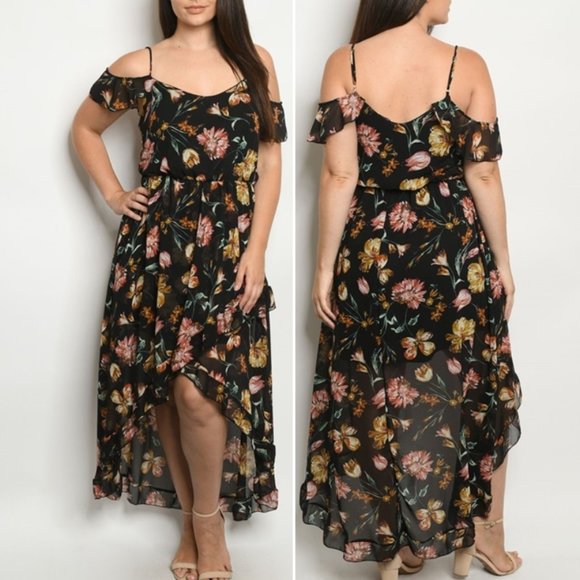 Trend Setter Diva Boutique Dresses & Skirts - Trend Setter Diva Boutique Black Floral High-Low Cold Shoulder Dress